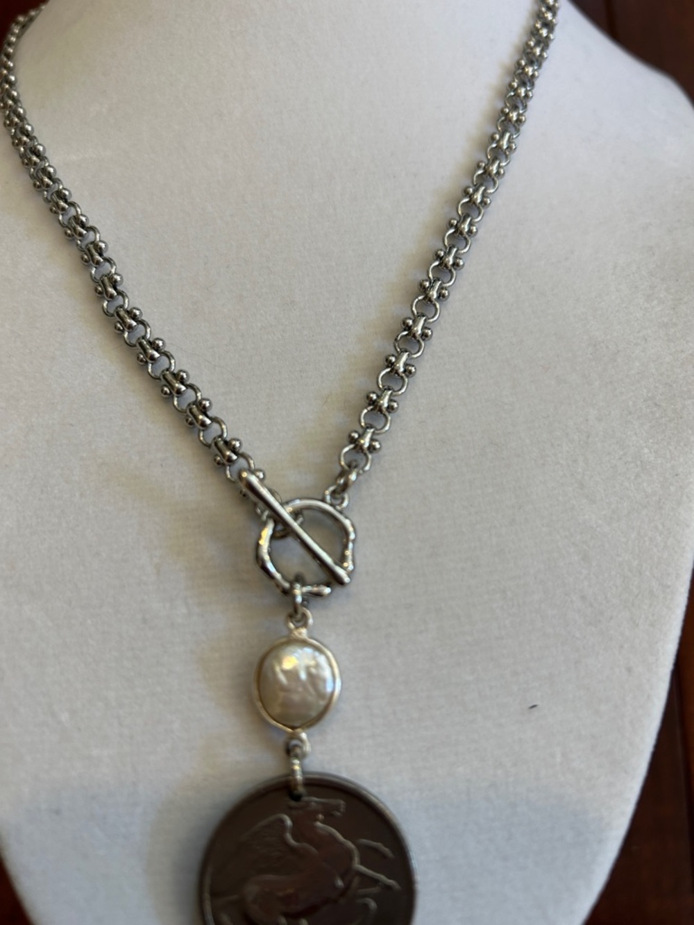 Silver-Tone Coin Pendant Necklace with Pearl Accent - Picture 4 of 4
